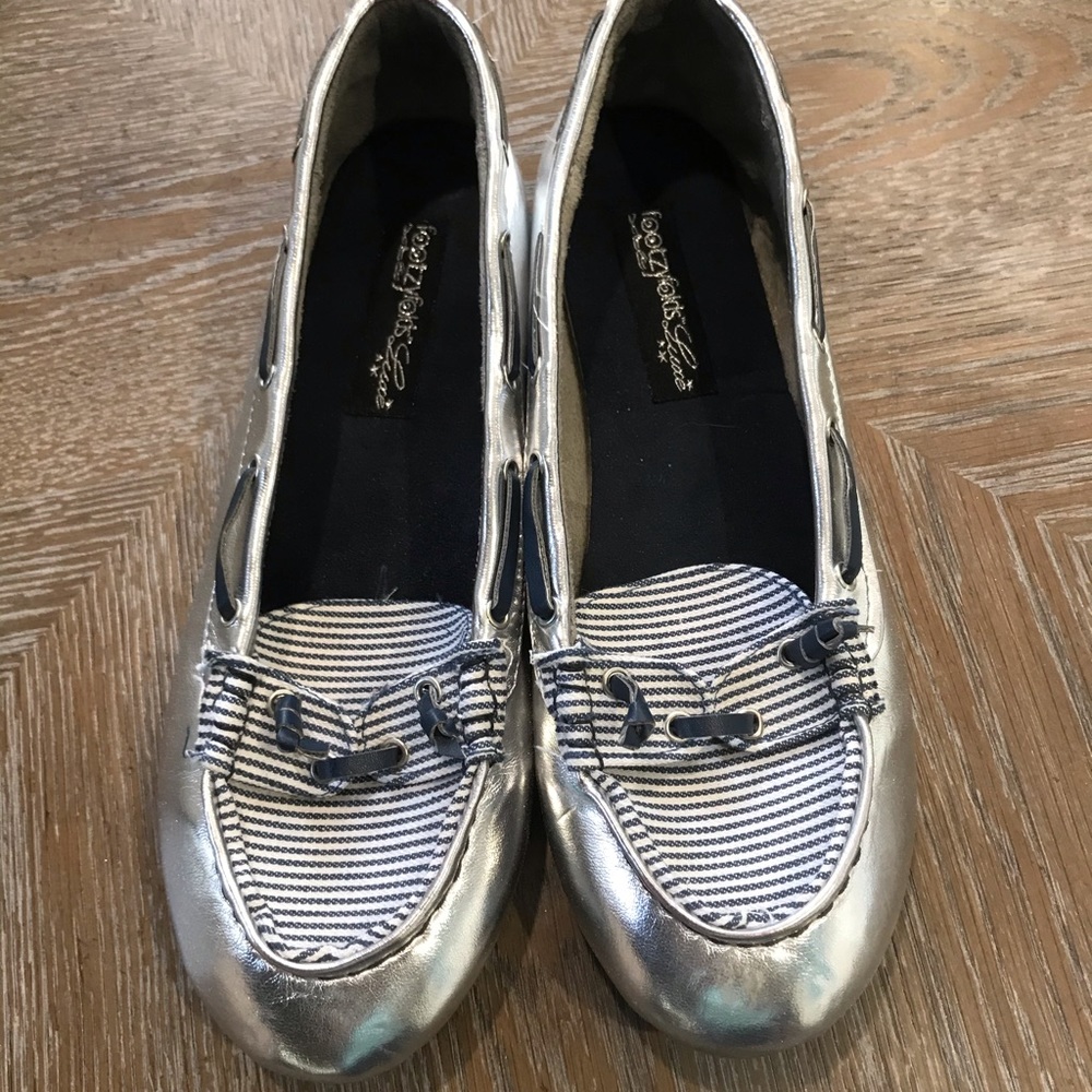 Metallic Silver Navy Striped Slip Shoes 10
